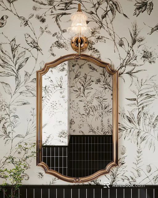 Elegant Gold Frame Decorative Mirror Hanging On Wall With Floral Wallpaper Background In Interior 3d model 