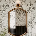 Elegant Gold Frame Decorative Mirror Hanging On Wall With Floral Wallpaper Background In Interior