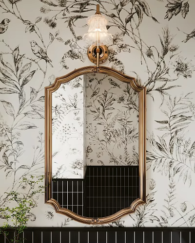 Elegant Gold Frame Decorative Mirror Hanging On Wall With Floral Wallpaper Background In Interior 3d model