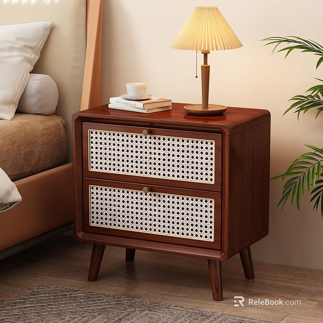 Modern Wooden Nightstand with Rattan Drawers Table Lamp Cup and Books 3d model 