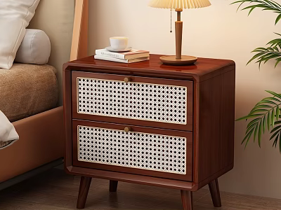 Modern Wooden Nightstand with Rattan Drawers Table Lamp Cup and Books 3d model