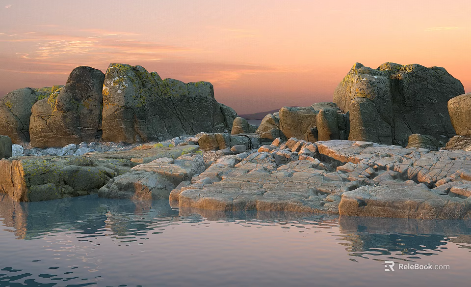 Stone Rocks Reflection On Calm Water During Sunset With Orange Sky And Hills 3d model 