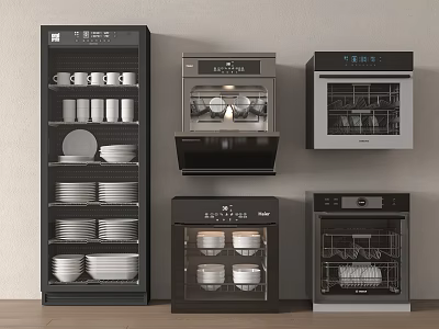 Modern Kitchen Appliances Including Dishwashers Sterilizers With Cups Plates And Bowls 3d model