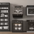Modern Kitchen Appliances Including Dishwashers Sterilizers With Cups Plates And Bowls