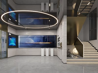 Modern Store Front Desk Interior With Circular Lighting And Marble Reception Counter 3d model