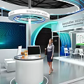 Modern Exhibition Booth With Blue White Circular Ceiling Large Digital Screen Reception Desk And Seating 3d model