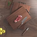 Raw Beef Steak on Wooden Cutting Board with Sharp Knife Fresh Herbs and Wooden Table