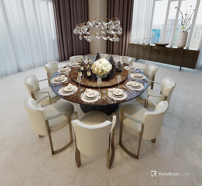 Elegant Round Dining Table Set With White Chairs Crystal Chandelier And Tableware 3d model