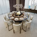 Elegant Round Dining Table Set With White Chairs Crystal Chandelier And Tableware 3d model