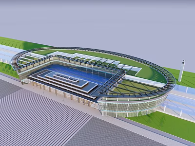 Modern Train Station Exterior Featuring Curved Glass Roof And Green Lawn Spacious Square Design 3d model