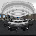 Modern Conference Room Interior With Long Tables Projection Screen Ceiling Lights And Windows 3d model