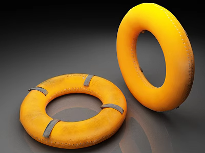 Two Yellow Inflatable Life Rings With Gray Straps And Stitched Design 3d model