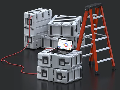 White Storage Boxes Stacked With Laptop Displaying Chart Orange Ladder And Red Cable 3d model