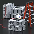White Storage Boxes Stacked With Laptop Displaying Chart Orange Ladder And Red Cable 3d model