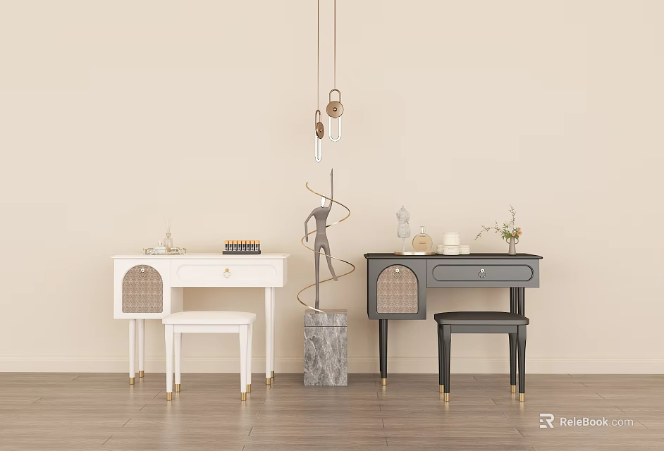 Modern White Gray Desks With Woven Doors Black White Chairs Sculpture Pendant Lights Wooden Floor 3d model 