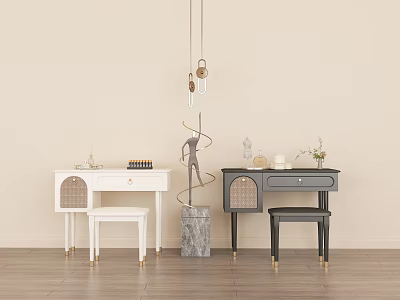 Modern White Gray Desks With Woven Doors Black White Chairs Sculpture Pendant Lights Wooden Floor 3d model