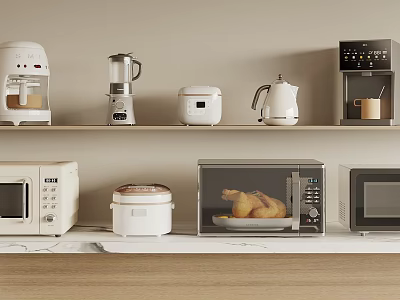 Modern Kitchen Appliances Displayed on Shelves Including Microwave Coffee Maker Blender Rice Cooker and Kettle 3d model
