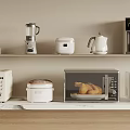 Modern Kitchen Appliances Displayed on Shelves Including Microwave Coffee Maker Blender Rice Cooker and Kettle