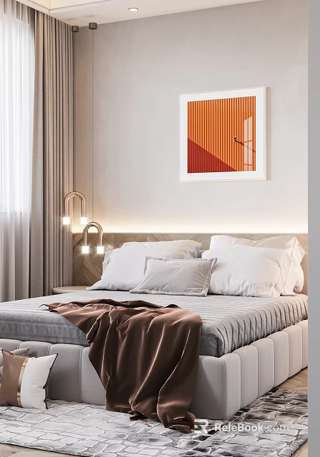 Modern Bedroom Interior With Brass Bedside Lamp White Pillows Brown Blanket And Abstract Wall Art 3d model 
