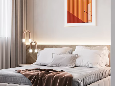 Modern Bedroom Interior With Brass Bedside Lamp White Pillows Brown Blanket And Abstract Wall Art 3d model