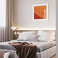 Modern Bedroom Interior With Brass Bedside Lamp White Pillows Brown Blanket And Abstract Wall Art