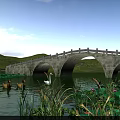 Scenic Stone Arch Bridge Featuring Ducks Swan Lotus Grass And Blue Sky