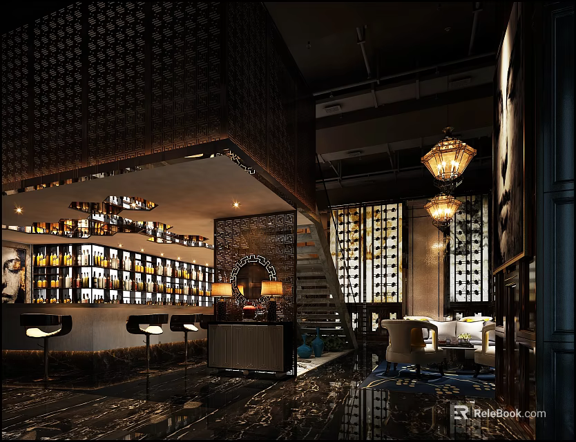 Stylish Bar Interior With Chandeliers Wine Racks Decorative Partitions And Seating Area 3d model 