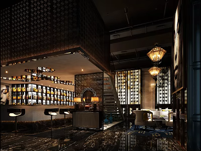 Stylish Bar Interior With Chandeliers Wine Racks Decorative Partitions And Seating Area 3d model