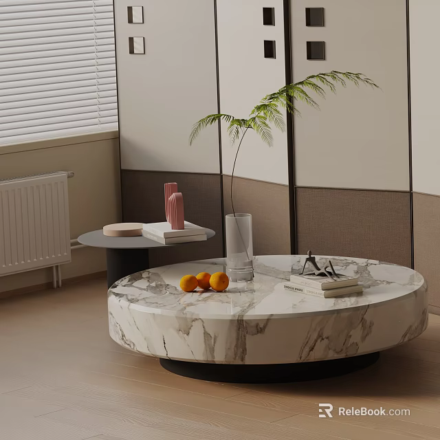Modern Sofa Coffee Table Combination With Marble Round Coffee Table Vase Oranges And Books 3d model