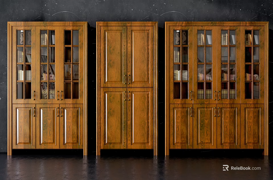 Three Vintage Wooden Bookcases With Glass Doors And Storage Cabinets 3d model 