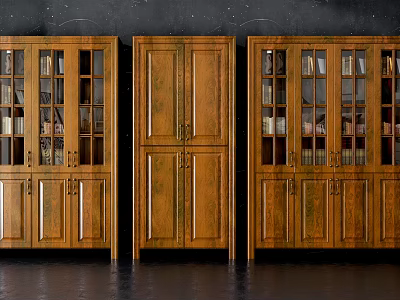 Three Vintage Wooden Bookcases With Glass Doors And Storage Cabinets 3d model