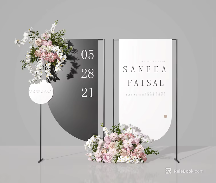 Elegant Modern Floral Installation With Pink White Flower Arrangements And Display Stands 3d model 