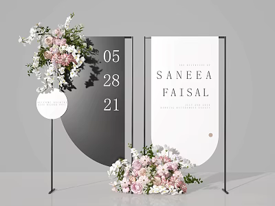 Elegant Modern Floral Installation With Pink White Flower Arrangements And Display Stands 3d model