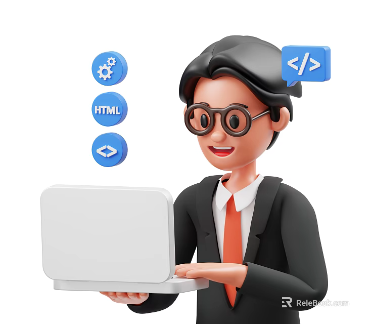 Man Working on Laptop with HTML Code Icons and Programming Elements 3d model 