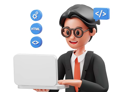 Man Working on Laptop with HTML Code Icons and Programming Elements 3d model