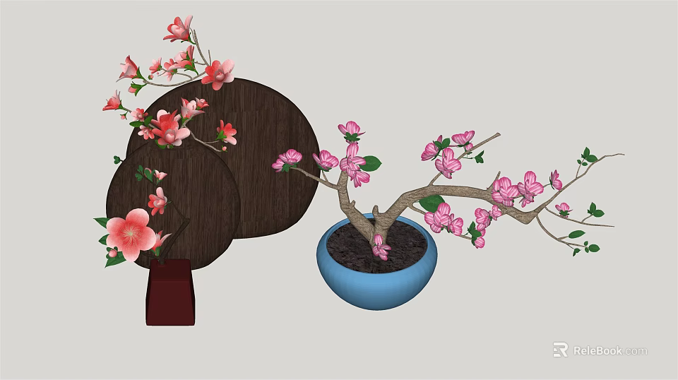 Beautiful Bonsai Potted Plant With Pink Flowers In Blue Pot And Wooden Decor 3d model 