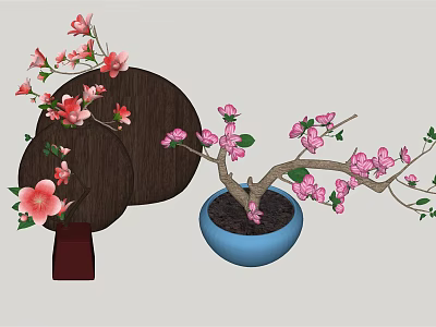 Beautiful Bonsai Potted Plant With Pink Flowers In Blue Pot And Wooden Decor 3d model