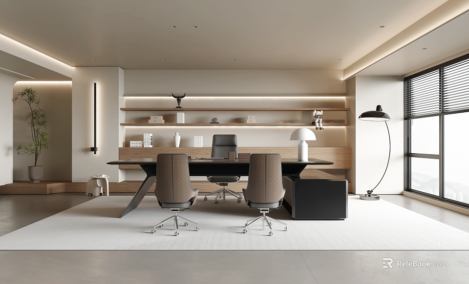 Modern Office Interior Design With Wooden Desk Ergonomic Chairs And Bookshelves 3d model 