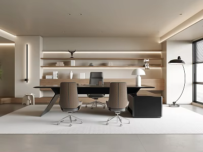 Modern Office Interior Design With Wooden Desk Ergonomic Chairs And Bookshelves 3d model
