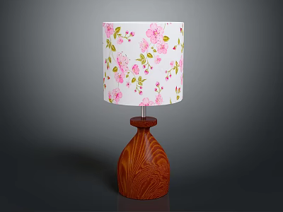 Wooden Table Lamp With White Floral Lampshade And Pink Flower Patterns 3d model