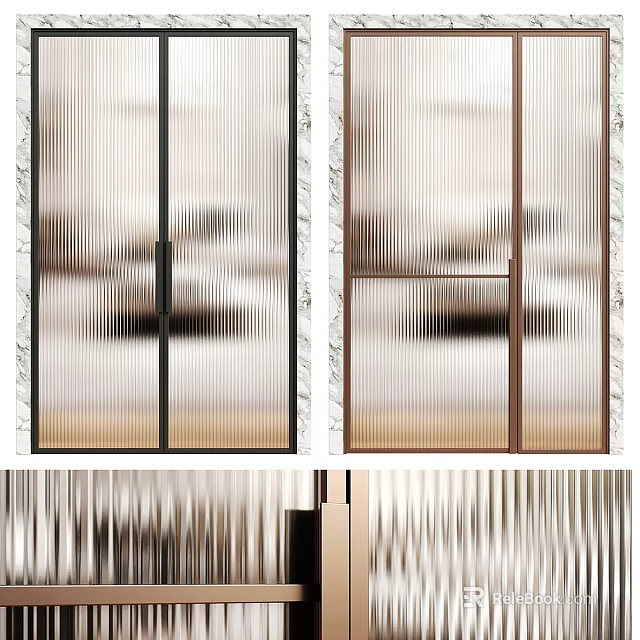 Modern Striped Glass Doors With Black And Rose Gold Frames And Marble Walls 3d model 