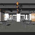Modern Industrial Restaurant Interior With Exposed Pipes Tables Chairs Plants And Large Windows