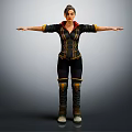 3D Female Character Model in Black and Yellow Outfit with Arms Outstretched Standing Pose