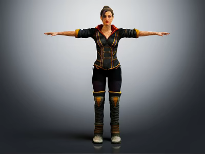 3D Female Character Model in Black and Yellow Outfit with Arms Outstretched Standing Pose 3d model
