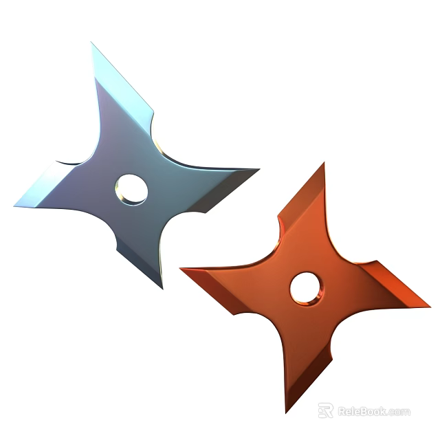 Two Metallic Shuriken Weapons With Blue And Red Color And Central Holes 3d model 