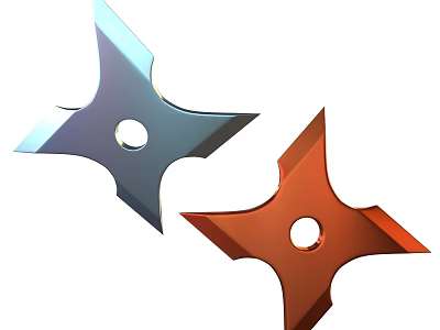 Two Metallic Shuriken Weapons With Blue And Red Color And Central Holes 3d model