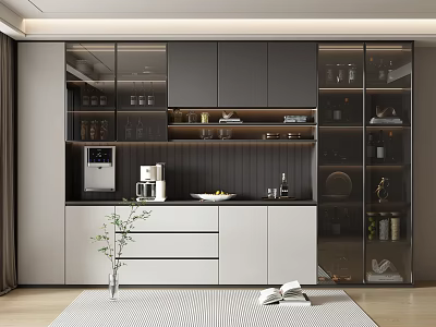 Modern Wine Cabinet Interior Design With Glass Doors Gray White Cabinets And Wine Bottles 3d model