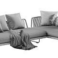 Stylish Outdoor Sofa With Gray Upholstery Blue Pillows Woven Details And Wooden Base