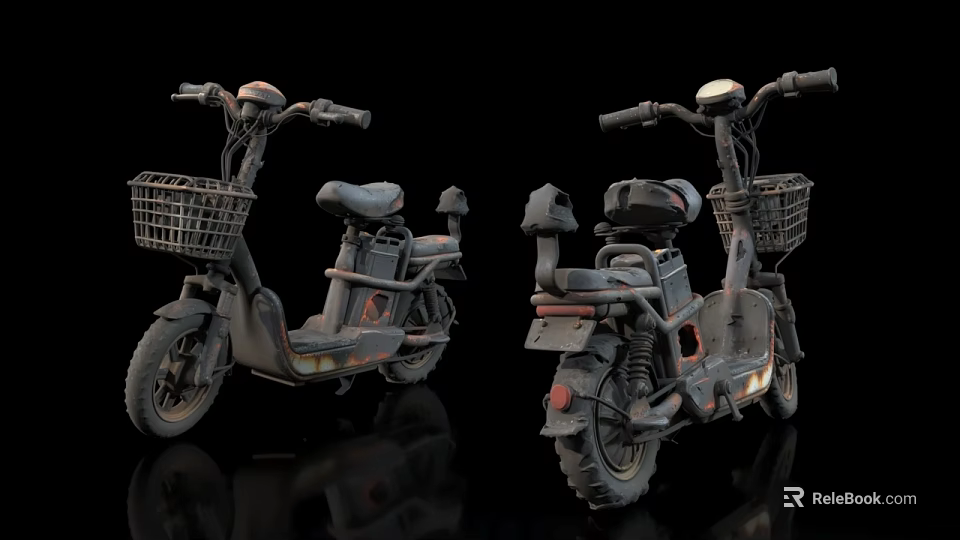 Vintage Electric Motorcycles With Front Basket Seat And Handlebars On Black Background 3d model 