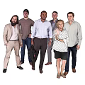 Group of Diverse People Standing Together in Various Outfits Against Gray Background